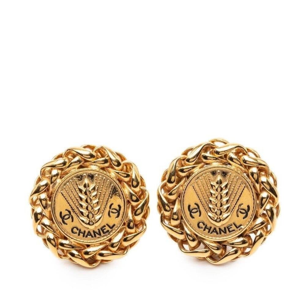Chanel Wheat Ear CC Logo Logo Gold Plated Earrings